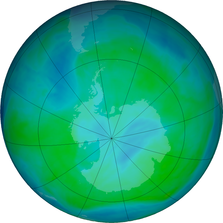 Antarctic ozone map for 07 January 2016